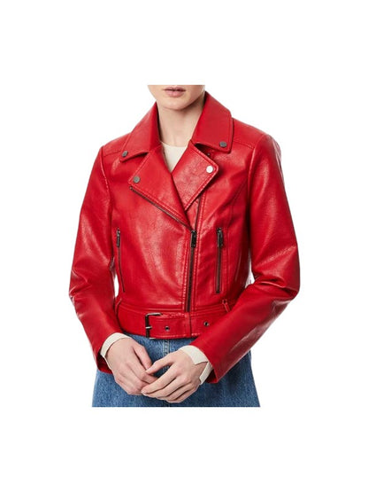 Women's Red Faux Fur Classic Stylish Motorcycle Biker Leather Jacket