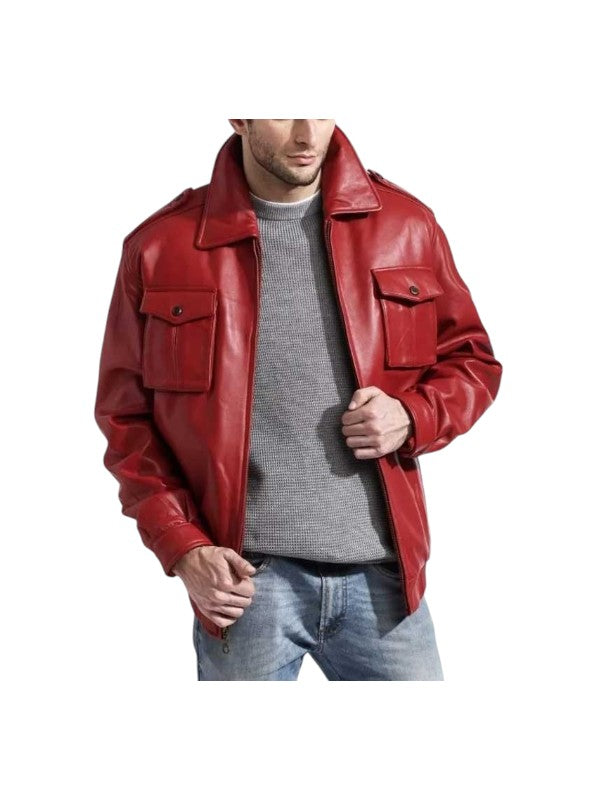 Men's Real Lambskin Red Stylish Biker Motorcycle Bomber Leather Jacket