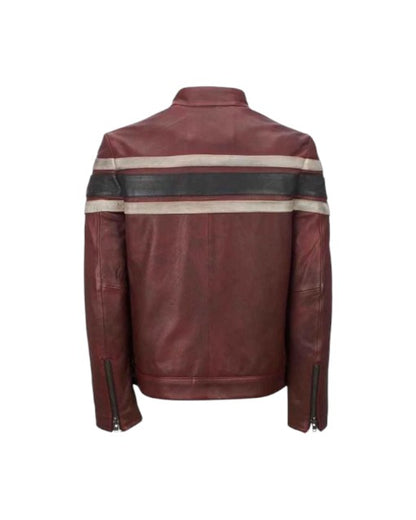 Men's Red Waxed Retro Casual Café Racer Genuine Biker Motorcycle Leather Jacket