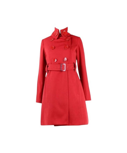 Women's Red Belted Real Cotton Double Breasted Valentine's Mid Length Coat