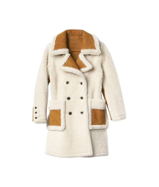 Women's White And Brown Double Breasted Shearling Leather Coat