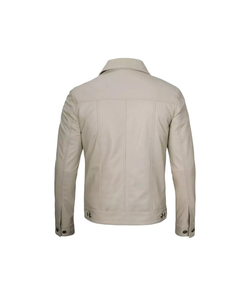 Men's Moto Biker Real Lambskin Vintage Trucker Beige Motorcycle Leather Jacket