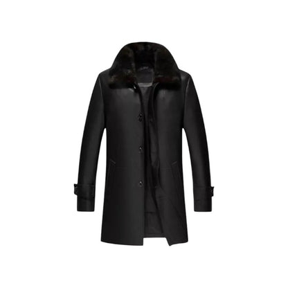 Men's Black Mid-Length Faux Fur Collar Real Shearling Premium Leather Coat