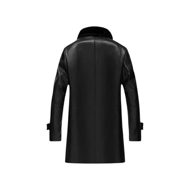 Men's Black Mid-Length Faux Fur Collar Real Shearling Premium Leather Coat