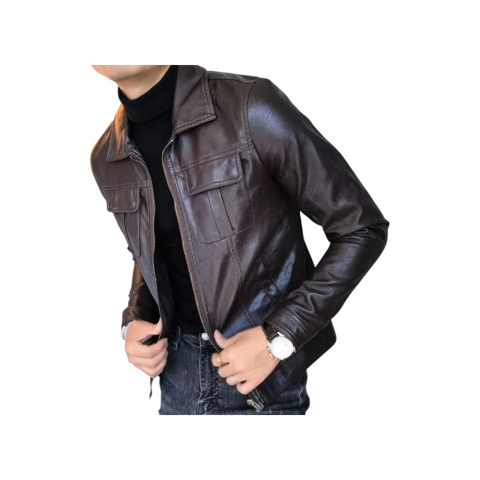 Men's Biker Genuine Sheepskin Coffee Brown Leather Jacket