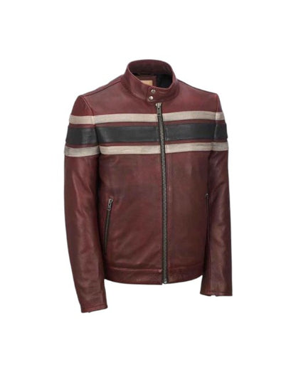 Men's Red Waxed Retro Casual Café Racer Genuine Biker Motorcycle Leather Jacket