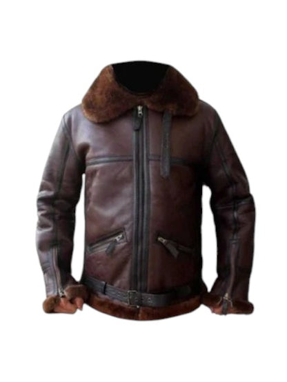 Men's Brown Aviator RAF Fur Pilot B3 Sheepskin Shearling Bomber Leather Jacket