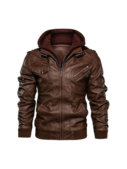 Men's Brown Winter Warm Fleece Vintage Outerwear Full Zip Biker Motorcycle Leather Jacket