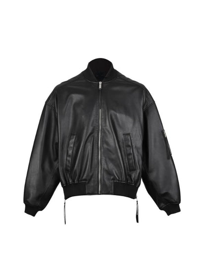 Men's Black Genuine Sheepskin Leather With Stand Up Collar Bomber Leather Jacket