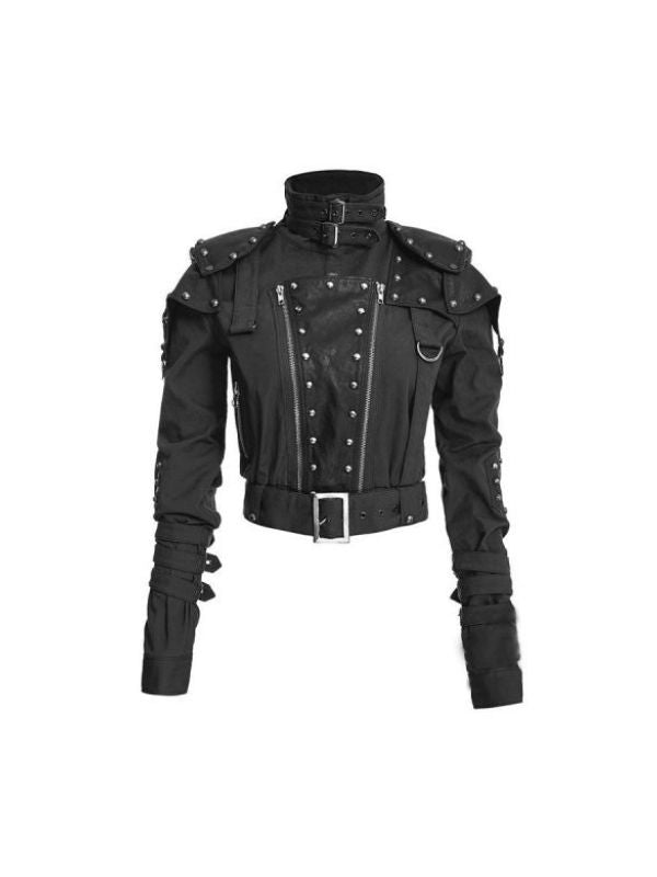 Women's Black Military Cropped Vintage Style Real Faux Leather Jacket