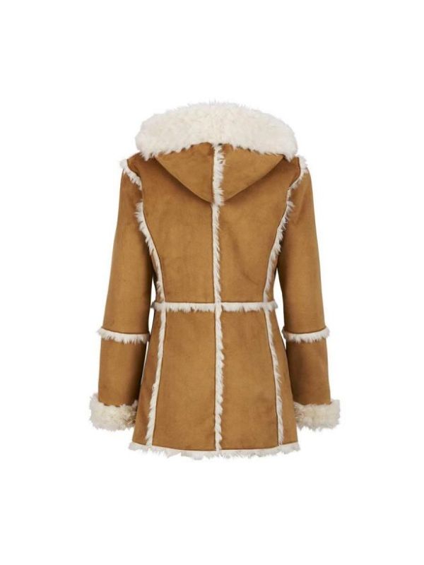 Women's Handmade Brown Suede Faux Fur Hooded Leather Overcoat