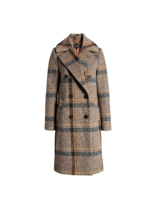 Women's Handmade Brown Double Breasted Plaid Tweed Leather Coat