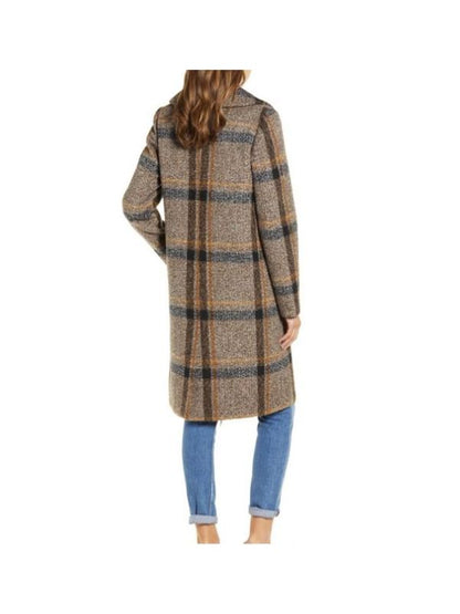 Women's Handmade Brown Double Breasted Plaid Tweed Leather Coat