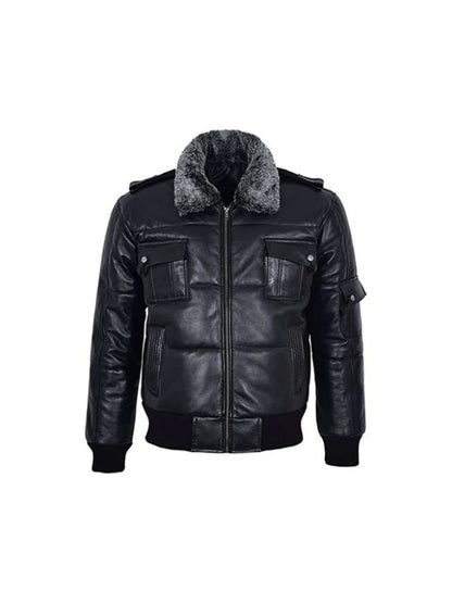 Men's Black Fur Collar Windproof Air Force Real Puffer Bomber Leather Jacket