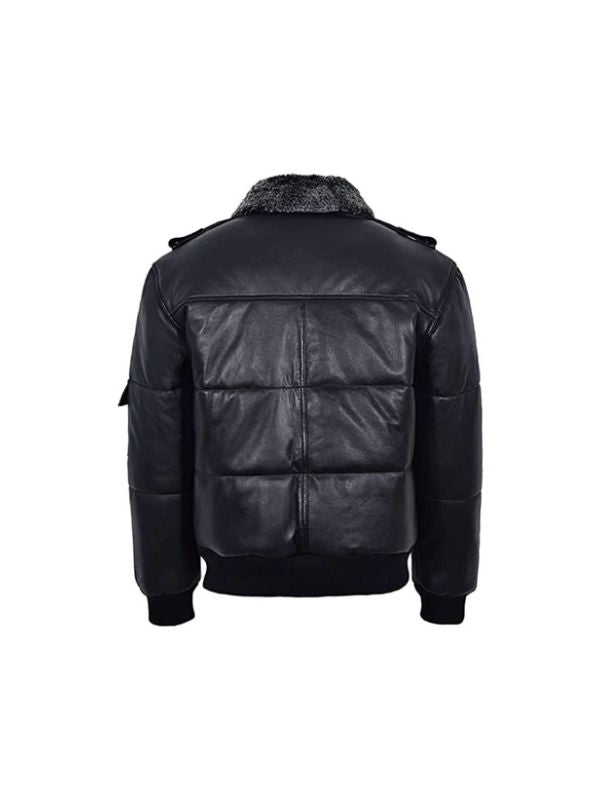 Men's Black Fur Collar Windproof Air Force Real Puffer Bomber Leather Jacket