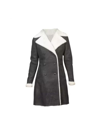 Women's Handmade Double Breasted White Shearling Grey Leather Coat