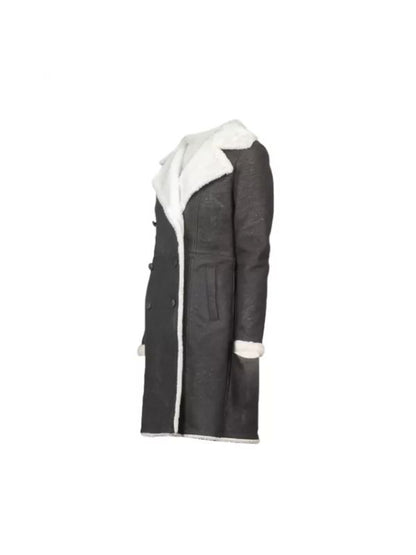 Women's Handmade Double Breasted White Shearling Grey Leather Coat