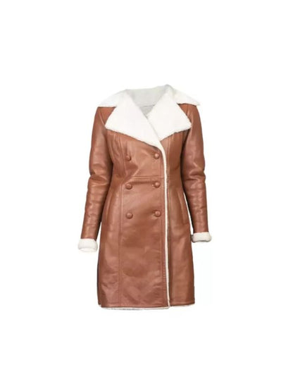 Women's Handmade Double Breasted White Shearling Brown Leather Coat