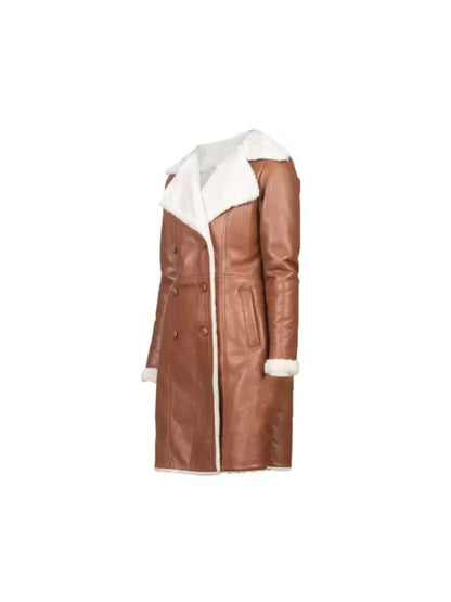 Women's Handmade Double Breasted White Shearling Brown Leather Coat