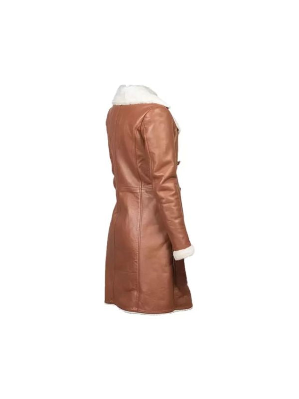 Women's Handmade Double Breasted White Shearling Brown Leather Coat