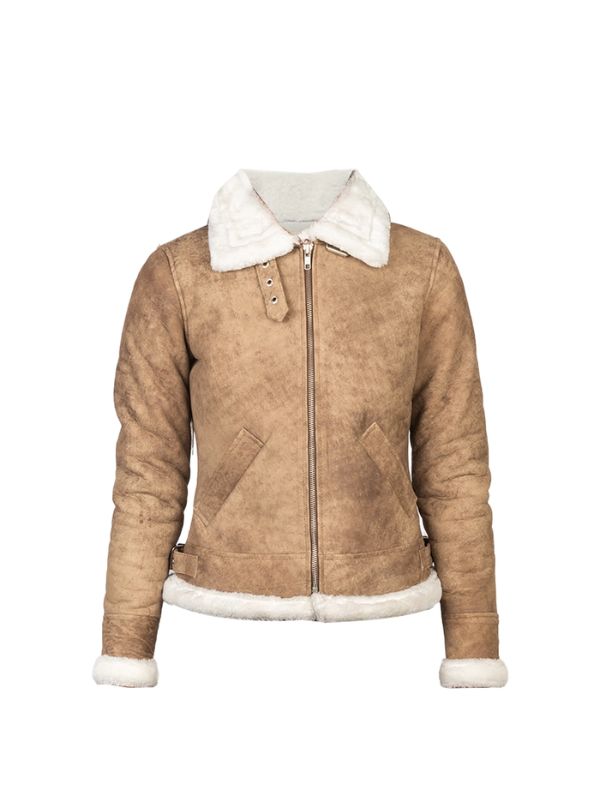 Women's White Shearling B3 Aviator Distressed Beige Bomber Leather Jacket