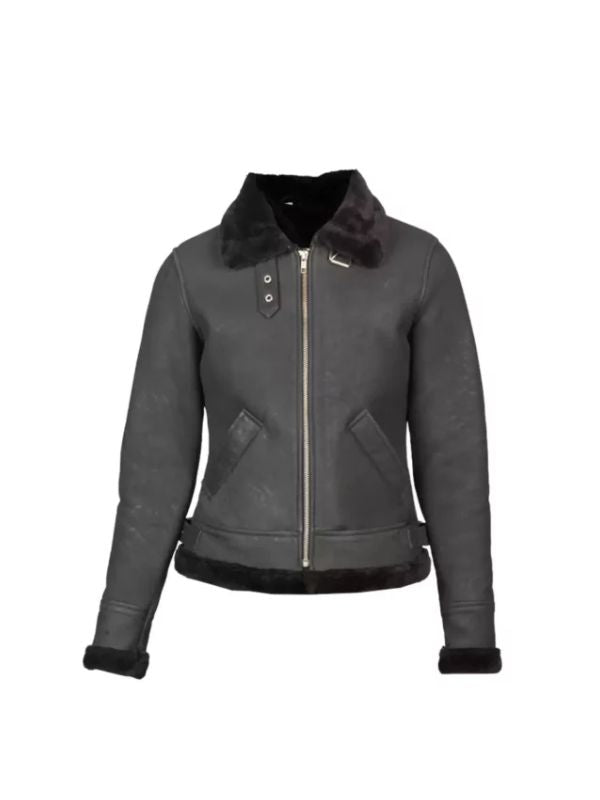 Women's Black Shealing B3 Aviator Grey Bomber Leather jacket