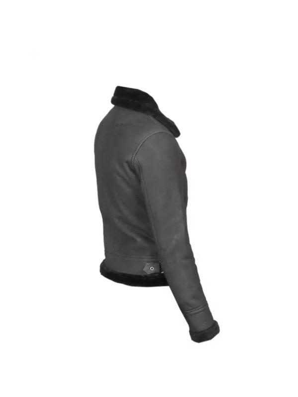 Women's Black Shealing B3 Aviator Grey Bomber Leather jacket