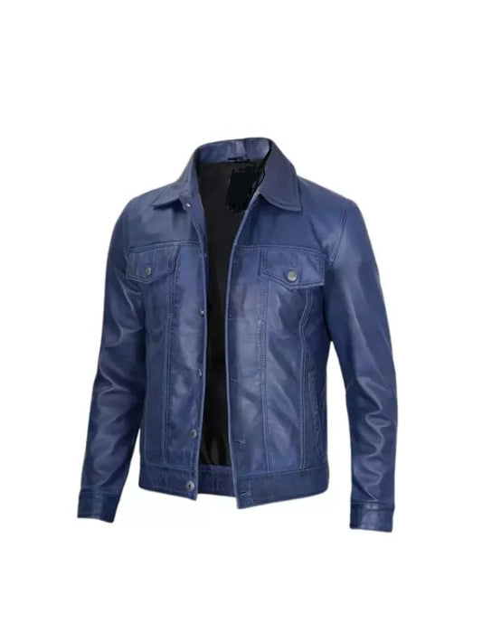 Men's Blue Real Polyester Vintage Trucker Leather Jacket