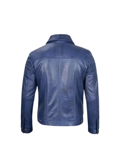 Men's Blue Real Polyester Vintage Trucker Leather Jacket