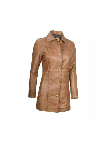 Women's Genuine Lambskin Classic Handmade 3/4 Camel Brown Real Leather Coat