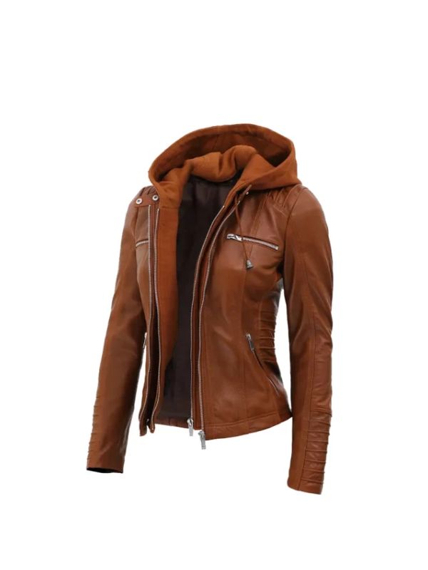 Women's Café Racer Genuine Leather Hooded Slim Fit Brown Biker Motorcycle Leather Jacket