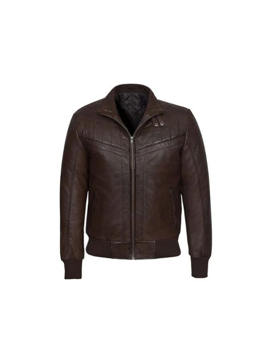 Men's Brown Real Sheepskin Quilted Style Motorcycle Bomber Leather Jacket