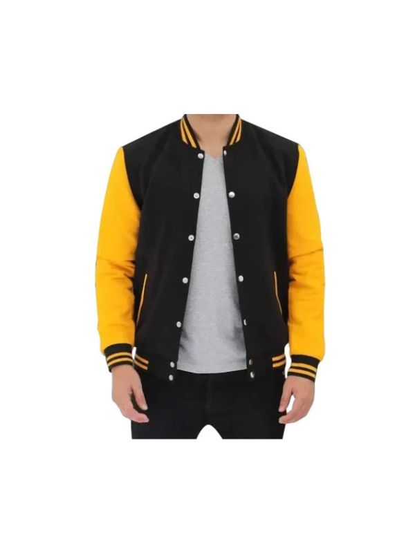 Men's Casual Slim Fit Cotton Letterman Black & Yellow Varsity Bomber Jacket