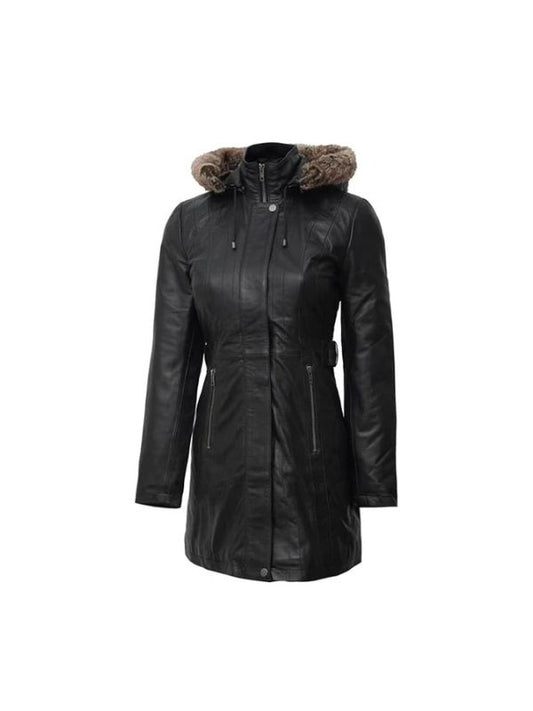 Women's Black Soft Lambskin Real Shearling Long Leather Coat