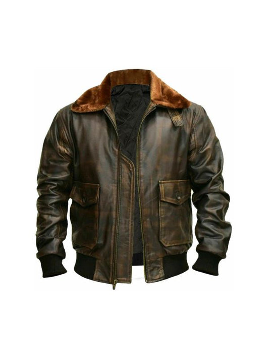 Men's G1 Aviator Distressed Brown A-2 Raf Fur Collar Genuine Bomber Leather Jacket