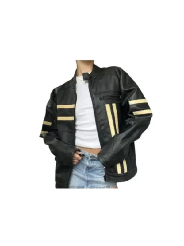 Women's Coolest Black Stripe Oversized Leather Jacket