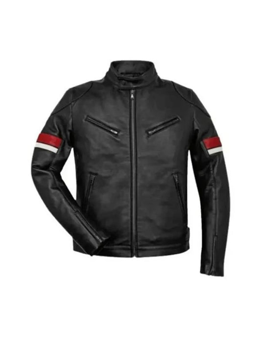 Men's Black Cafe Red And White Striped Racer Jacket