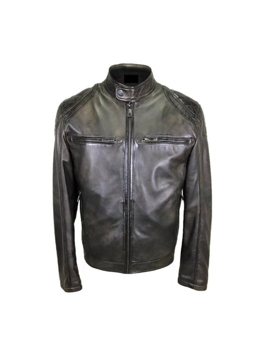 Men's Black Biker Style Retro Quilted Shoulder Leather Jacket