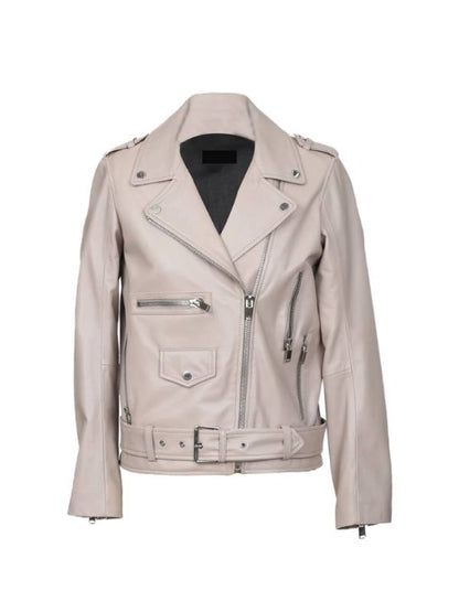 Women's Moto Biker Faux Leather Full Zip With Belted Motorcycle Jacket