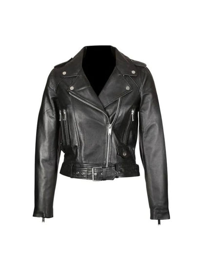 Women's Genuine Lambskin Belted Moto Black Biker Leather Jacket