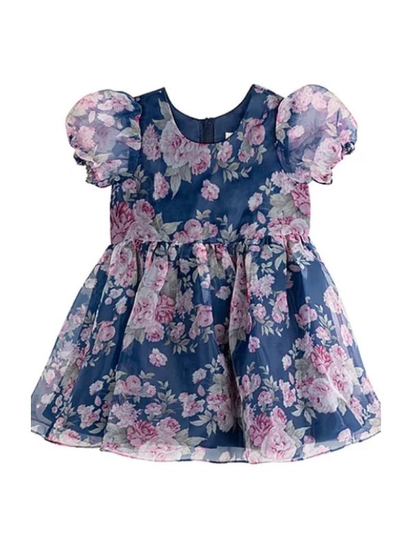 Girls Flower Dress Navy Blue Toddler Short Party Dress