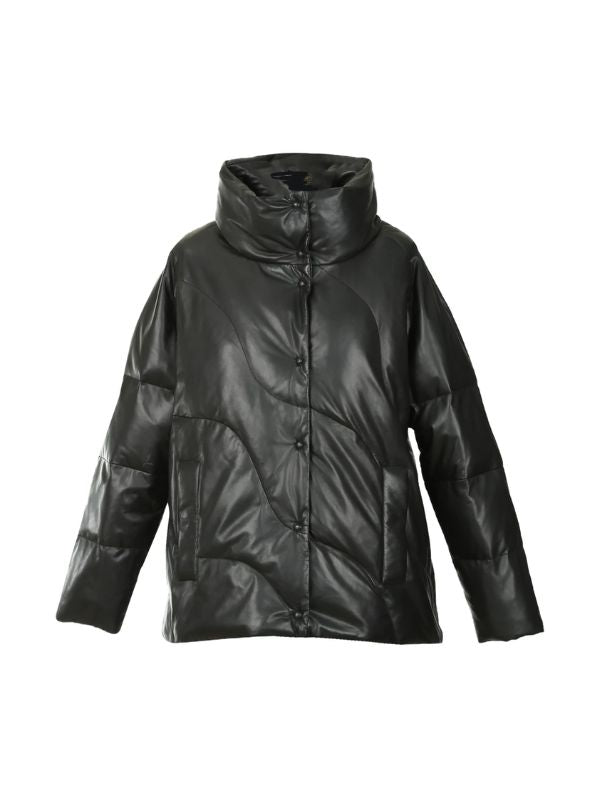 Women's Black Handmade Casual Winter Warm Belted Leather Puffer Coat