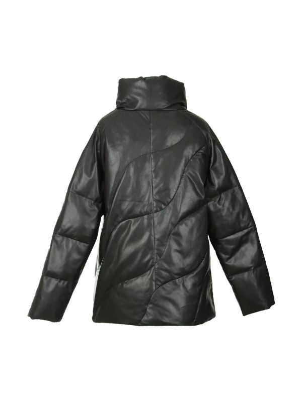 Women's Black Handmade Casual Winter Warm Belted Leather Puffer Coat