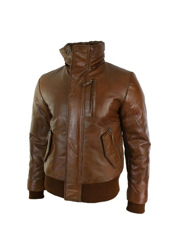 Men's Brown Stylish Classic Puffer Bomber Retro Aviator Motorcycle Jacket