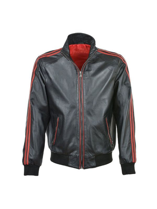 Men's Red Striped Collar Black Café Racer Bomber Leather