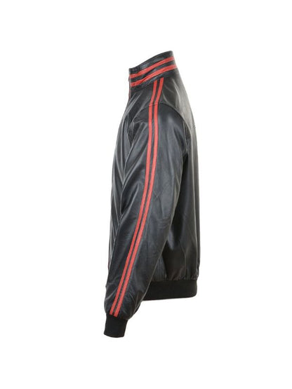 Men's Red Striped Collar Black Café Racer Bomber Leather