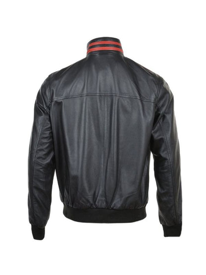 Men's Red Striped Collar Black Café Racer Bomber Leather