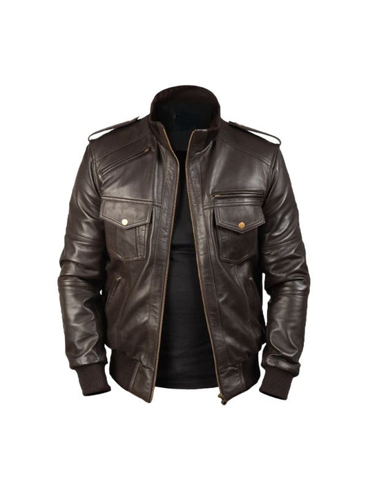 Men's Real Sheepskin High Neck Zipper Pocket Quilted Brown Bomber Leather Jacket