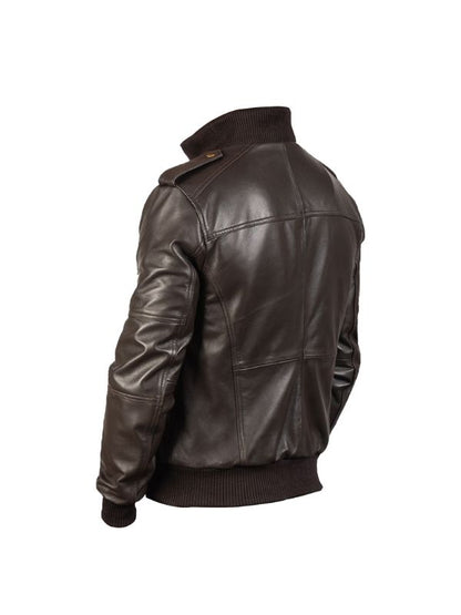 Men's Real Sheepskin High Neck Zipper Pocket Quilted Brown Bomber Leather Jacket