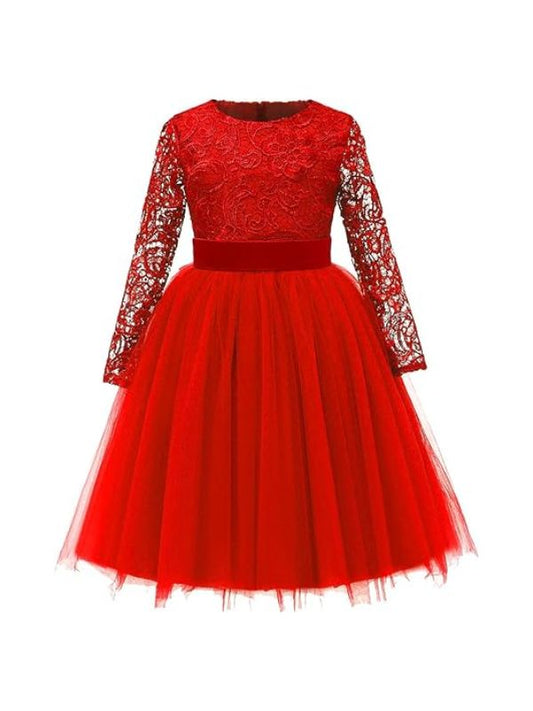 Girls Long Sleeves Top Tulle Wedding Party Dress